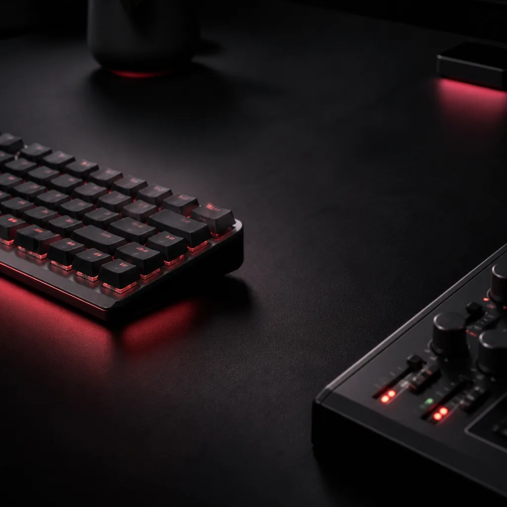 Escritorio con teclado y mezcladora de audio