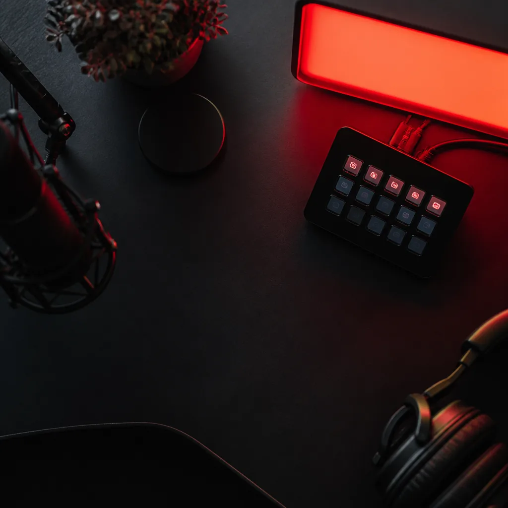 Cartel de aire encendido en rojo junto a un stream deck sobre un escritorio oscuro