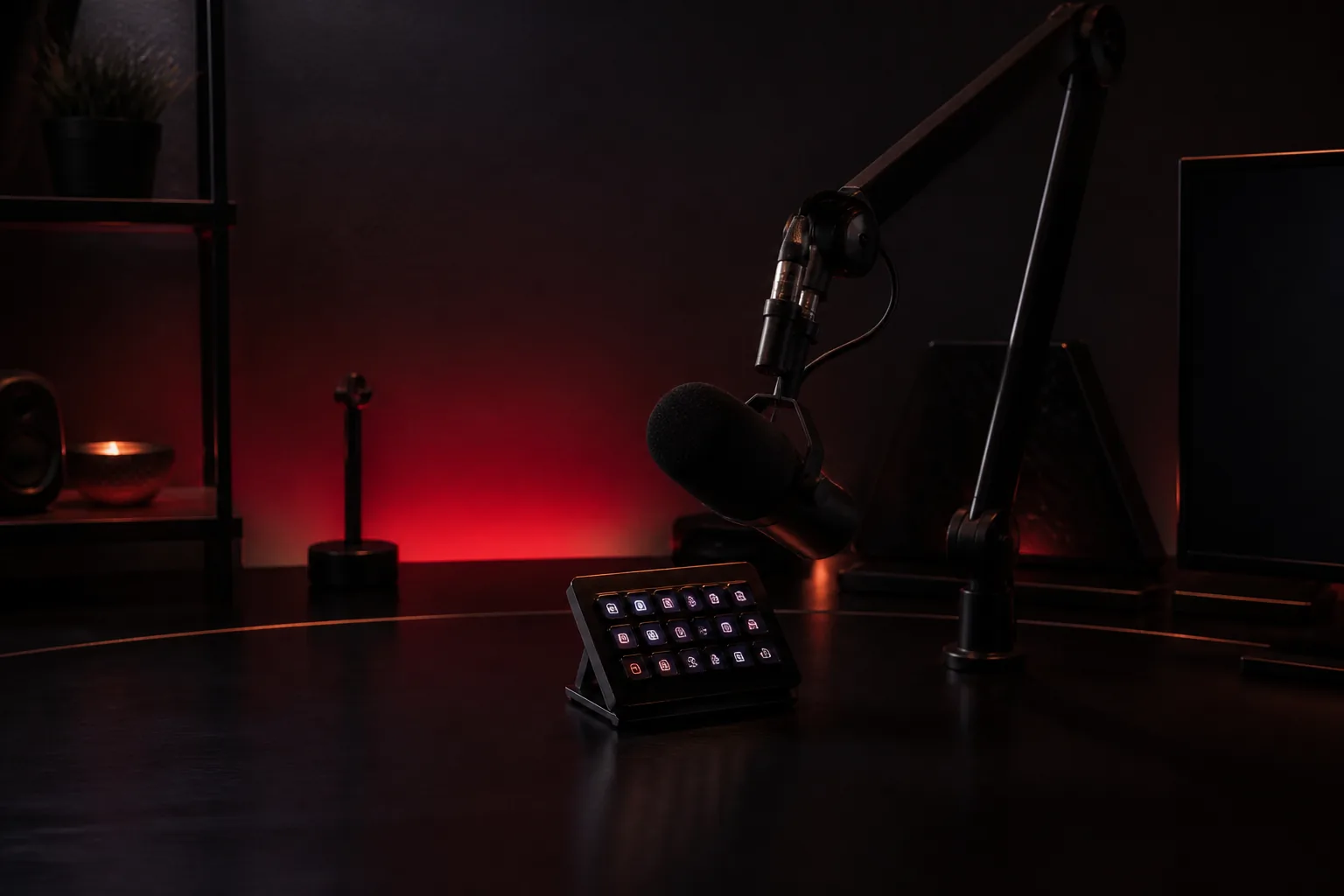 Escritorio de streaming con brazo de micrófono y control de escena bajo luz roja